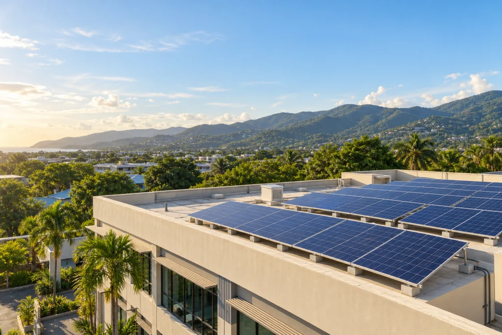 Illustrative Jamaican commercial rooftop with solar panels, tropical greenery and hills